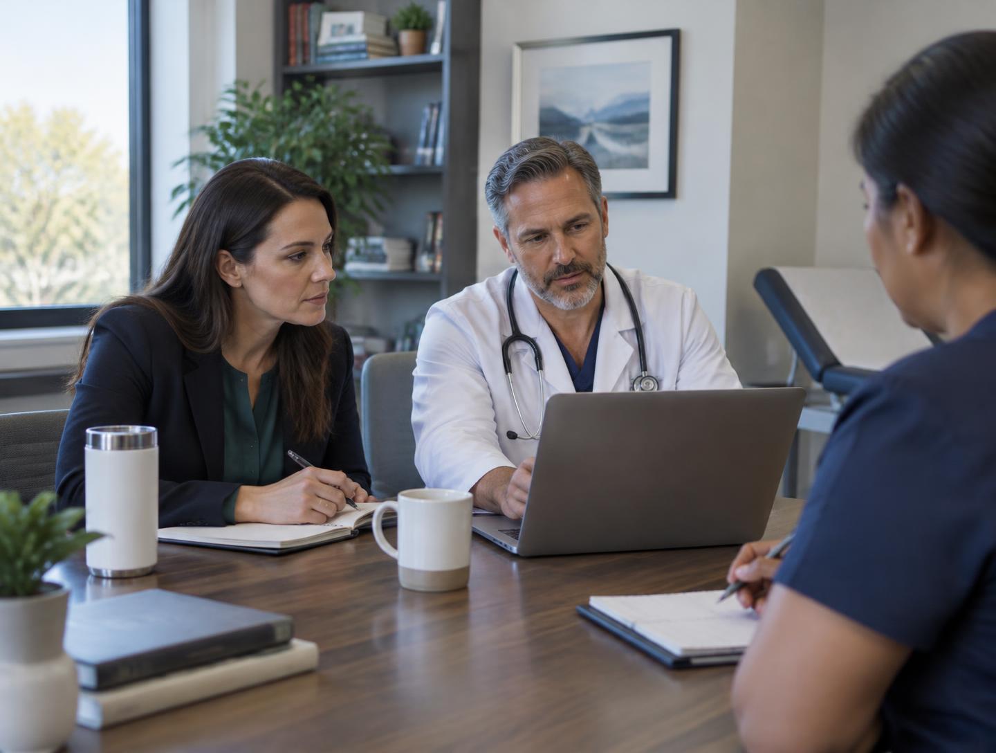 A physician and practice team members reviewing plans together at a conference table (illustrative image)